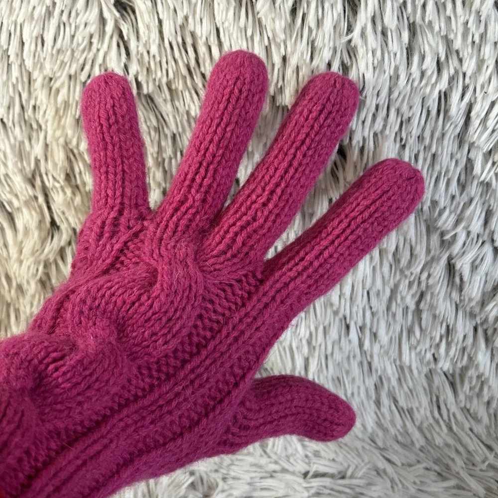 Vtg Y2K Pink Cable Knit‎ Beanie O/S Winter Hat Gloves M/L Set GAP Lamb's Wool